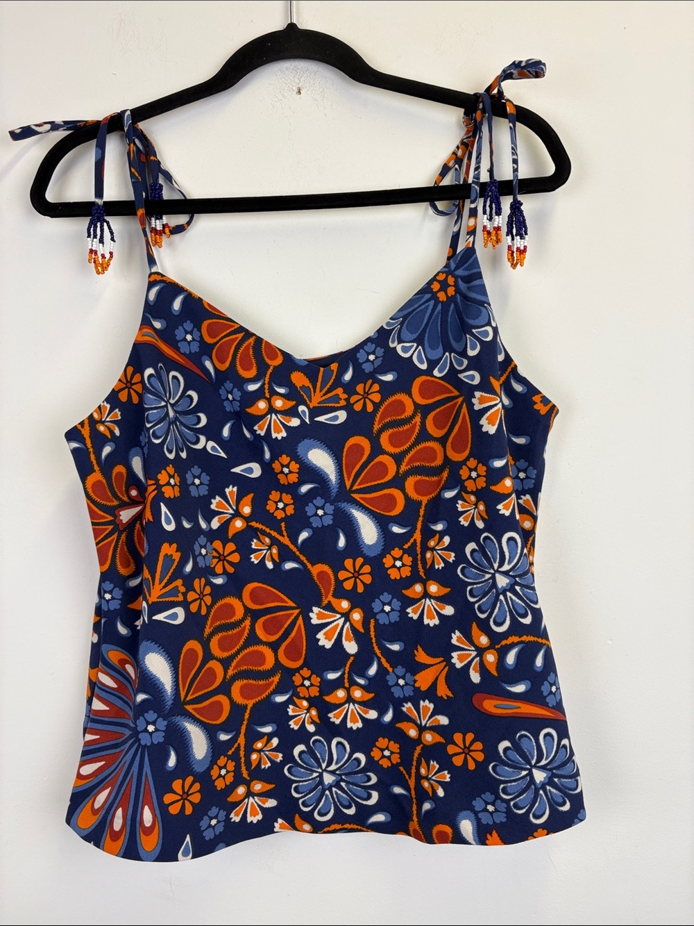 Sigrid Olsen Retro Floral Tank Top Medium Beaded Tie Strap Boho Cami